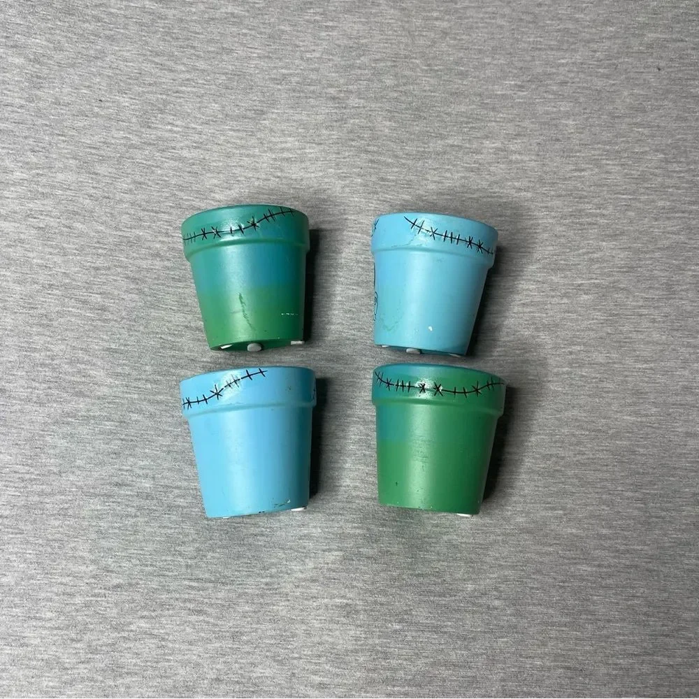 Target Blue & Green 3” Mini Round Halloween Skeleton Ceramic Pot 4 PCS. Set